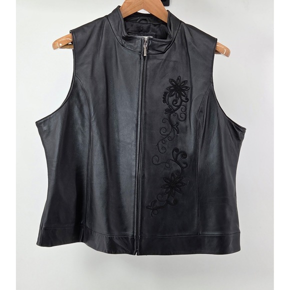 Coldwater Creek Jackets & Blazers - Coldwater Creek Black Leather Floral Embroidered Vest Women's XL Moto Boho